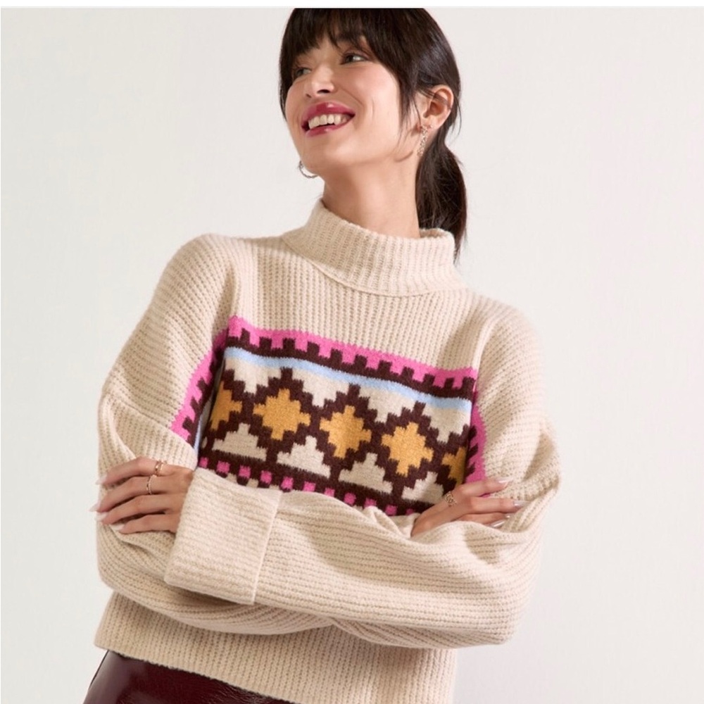 NYC Knits Mock Neck Loose Fit Sweater In Cream With Pink Yellow Pattern SALE!